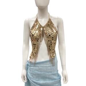 Unusual Bra Women’s One Size Chains And Gold Tone Sequins Adjustable At The Neck